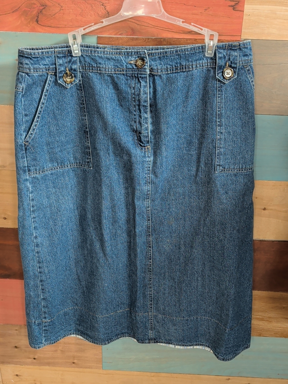Kim Rogers Medium Blue Denim Midi Skirt with Button-Tab Waist